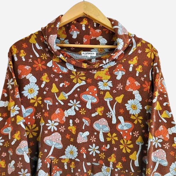 L.A. Soul Brown Mushroom Floral Dress Long Sleeve Cowl Neck Retro Cottagecore XL - Picture 3 of 7